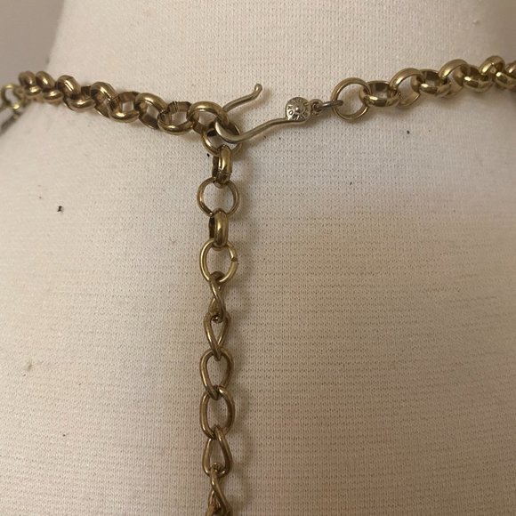 Vintage Antique Brass & Blue Glass & Rhinestone Dangle Necklace - Picture 9 of 9